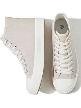 Women's Beige Lace Up White Canvas High Tops Fashion Sneakers Casual Shoes